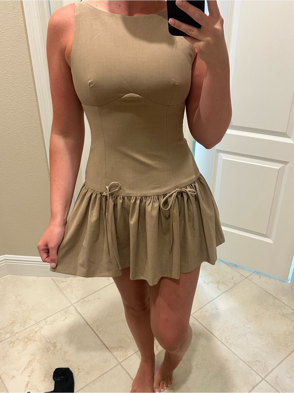 Zara Taupe Sleeveless Mini Dress with Gathered Skirt